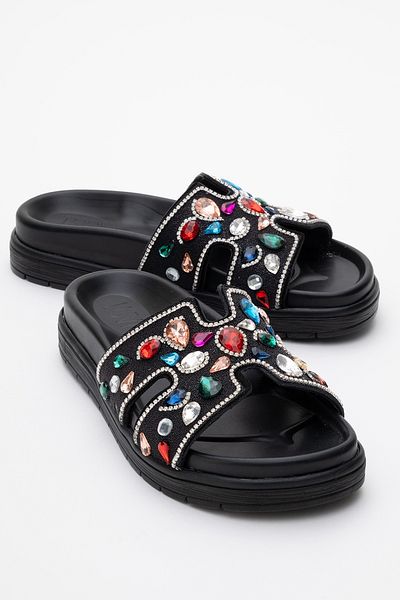 LuviShoes Γυναικείες παντόφλες BRAVE Μαύρες Γνήσιο Δέρμα Πολύχρωμες Πέτρες