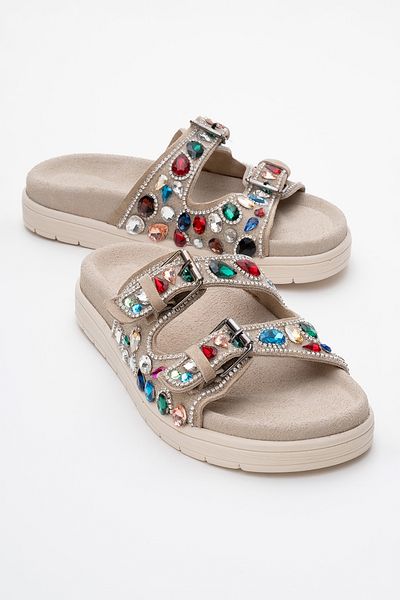 LuviShoes Papuci de damă JULES din piele naturală din piele de căprioară bej cu dungi duble, piatră colorată