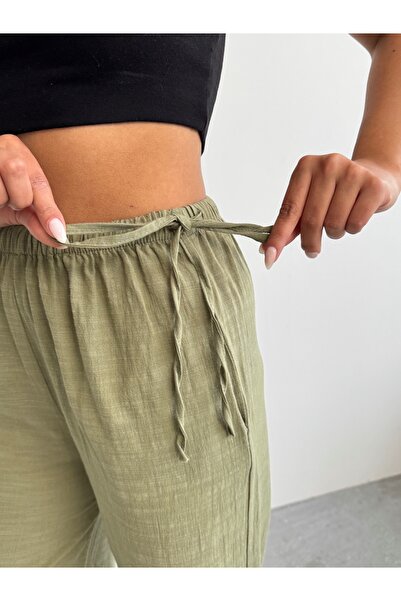 BEJNA Khakifarbene Leinenhose mit seitlicher Bindung für Damen