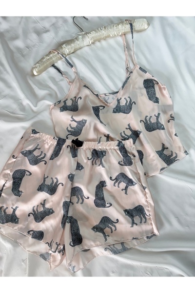 ROZENİN LINGERIE Ekru Leoparlı Ayarlanabilir Askılı Saten Pijama Takımı