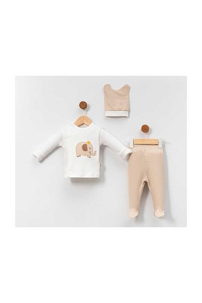 TRENDİMİZBİR Baby Boy Elephant Embroidered 3-Piece Newborn Bodysuit Set Beige