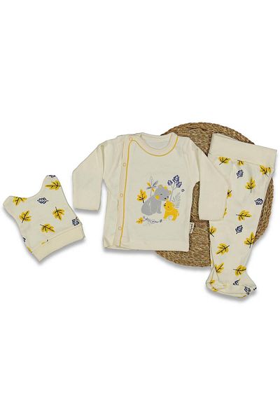 TRENDİMİZBİR Baby Girl Teddy Bear Patterned Yellow 3-Piece Bodysuit Set