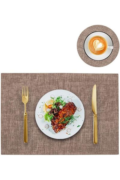 COOYA 16.9" x 11.8" Placemats, Set of 6 Faux with 3.9" Coasters, Waterproof & Stain-Resistant (Brown)