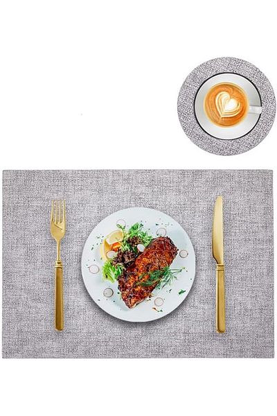COOYA Set of 6 Faux Leather Placemats with Coasters, Waterproof Dining Table Mats (Light Grey)