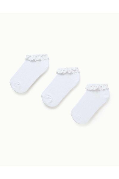 Ziddy Pack of 3 Ankle Socks with Crochet Ruffles for Girls, White
