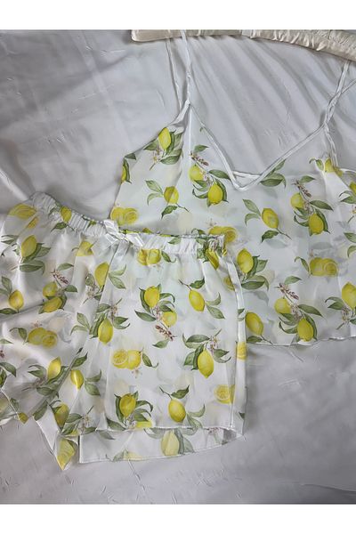 ROZENİN LINGERIE Ecru Lemon Patterned Adjustable Strap Satin Pajama Set