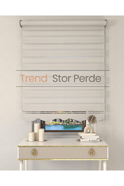 TREND STOR PERDE Geniş Plise Beyaz Boncuklu Zebra Stor Güneşlik Perde