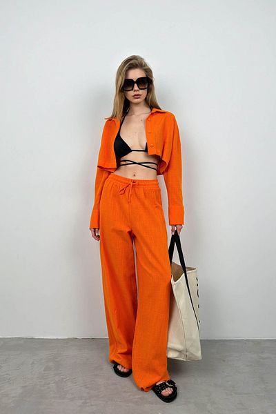 Black Fashion Orange Crop Shirt and Wide Leg Pants Set - Oversize