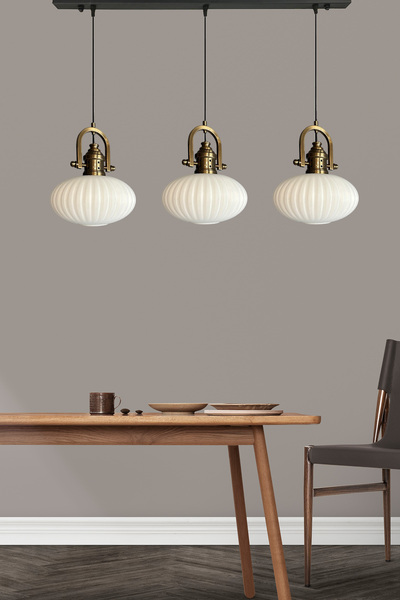 Bamyum Elegant Cam Beyaz Üçlü Avize Delikli Eskitme Başlık Sarkıt Lamba Restoran Salon Aydınlatma