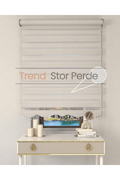 TREND STOR PERDE Geniş Plise Beyaz Boncuklu Zebra Stor Güneşlik Perde