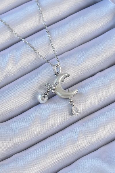 norsary 316L Steel Chain Silver Color Zircon Stone Butterfly Enamel Moon Necklace