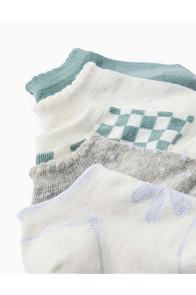 Ziddy Pack of 5 Pairs of Ankle Socks with Lurex Threads for Baby Girls, Grey/White/Green