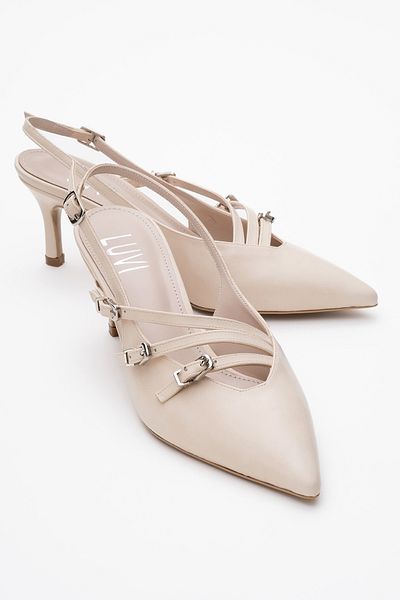 LuviShoes Magra Beige Skin Pointed Toe Open Back Thin Heeled Women's Shoes