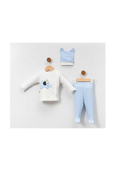 TRENDİMİZBİR Baby Boy Elephant Embroidered 3-Piece Newborn Bodysuit Set Blue