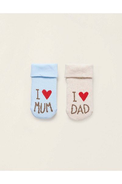 Ziddy Pack 2 Pairs of Thick Socks for Newborns and Babies 'Mum&Dad', Beige/Blue