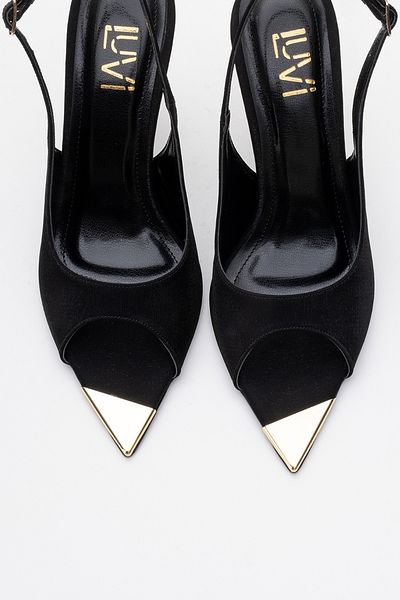 LuviShoes Pantofi cu toc de damă BARLY negru satinat auriu cu vârf ascuțit