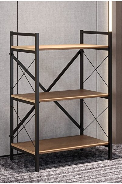 Golden Bark Coffee corner, console with 3 wooden shelves, black metal frame, brown/black