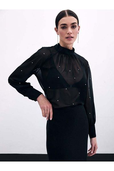 Sateen 1553 Черна шифонена блуза с бродерия от камъни