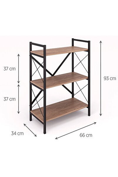 Golden Bark Coffee corner, console with 3 wooden shelves, black metal frame, brown/black