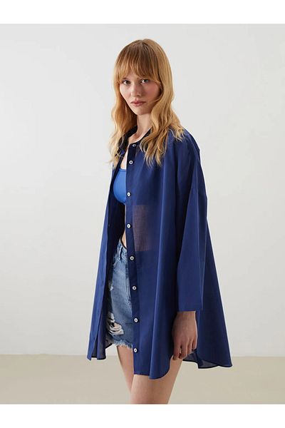 LC Waikiki Γυναικείο φόρεμα παραλίας LCW DREAM Navy Blue πουκάμισο με γιακά