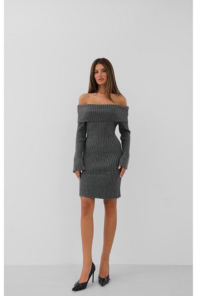 Black Fashion Rochie midi din tricotaje gri - Decoltat pe umeri