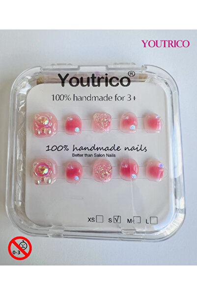 Youtrico أظافر أطفال لاصقة مصنوعة يدويًا بنسبة 100% مع دب قلب مثلج باللون الأ...