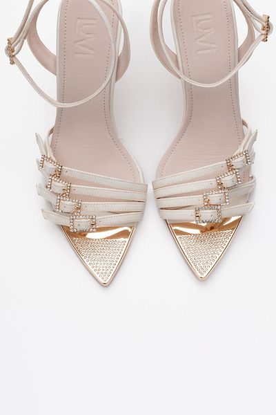 LuviShoes Auro Beige Satin Stone Buckle Women's Heeled Shoes