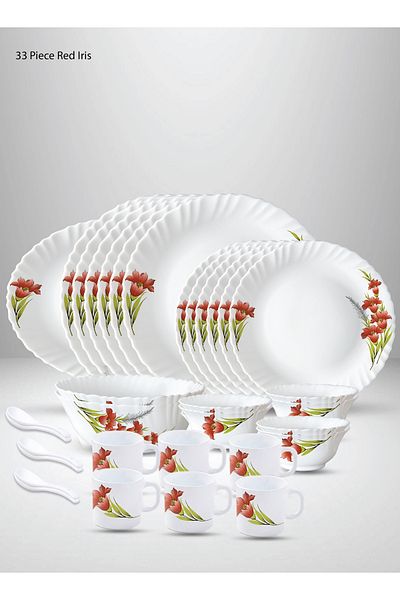 British Chef 33 Pieces Opalware Dinner Set |Microwave, Dishwasher & Frezzer Safe |Red Iris Dinnerware set