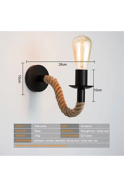 JOYINLED Hot Sale E27 Edison Bulb Iron Wall Lamp Hemp Rope Industrial Wall Light Home Decor No Bulb