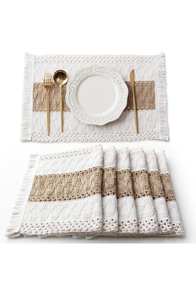 COOYA Boho Placemats Set of 6,Fall Table Decor and Farmhouse Style Placemats Natural Cotton Burlap