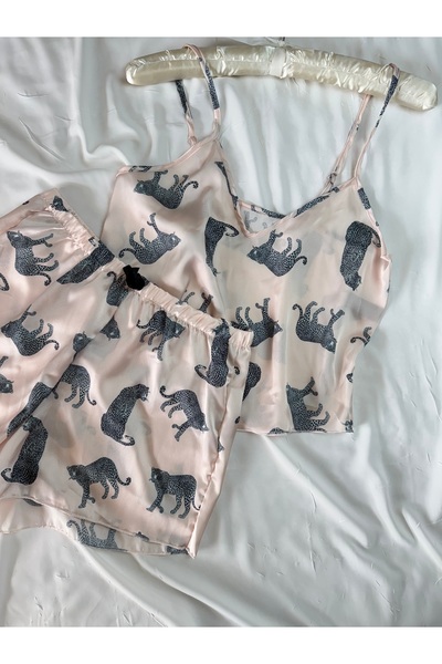ROZENİN LINGERIE Ekru Leoparlı Ayarlanabilir Askılı Saten Pijama Takımı