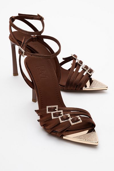 LuviShoes Dámské boty na podpatku AURO Copper Satin Stone Buckle