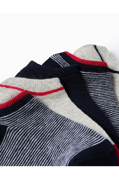 Ziddy Pack of 5 Pairs of Short Plain/Striped Socks for Boys, Blue/Red/Grey