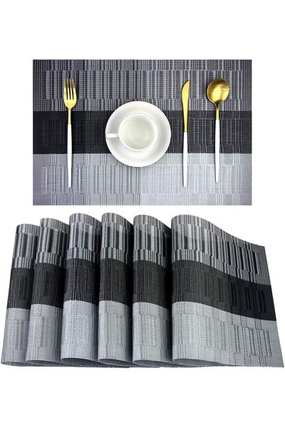 COOYA Striped Placemats, Washable Woven Vinyl Place mats, Easy to Clean Plastic Set of 6