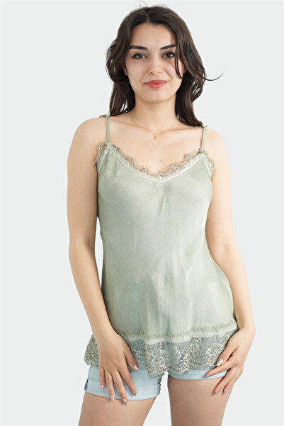 Miss Boheme Khaki Color Strappy Silk Blouse with Lace Detail