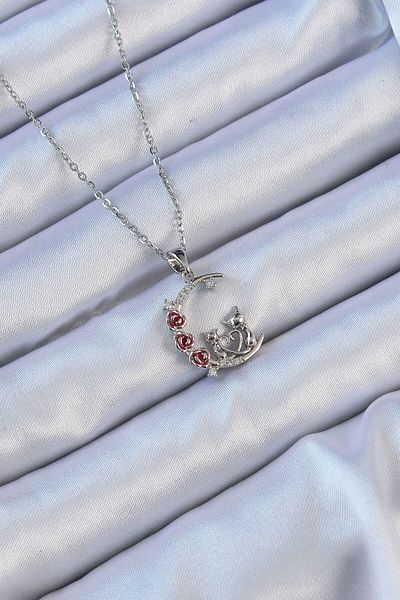 norsary 316L Steel Chain Silver Color Red Rose Detail Cat Figure Zircon Stone Moon Necklace