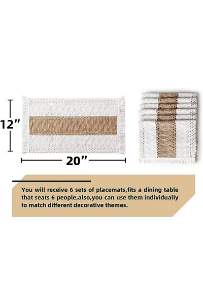 COOYA Placemats Set of 6, White and Natural Burlap, Farmhouse Style Table Decor with Fringe (Beige&Brown)