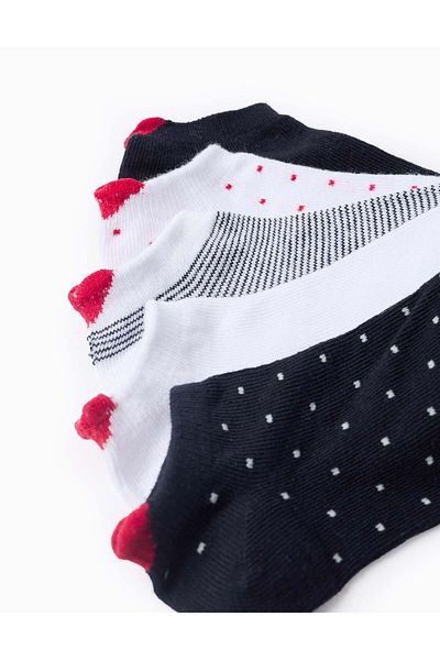 Ziddy Pack of 5 Pairs of Ankle Socks with Heart for Girls, White/Navy Blue