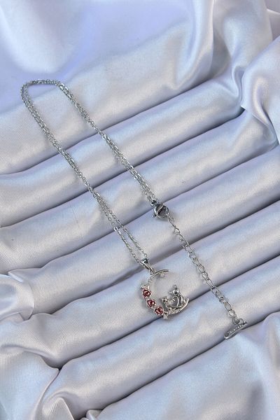 norsary 316L Steel Chain Silver Color Red Rose Detail Cat Figure Zircon Stone Moon Necklace
