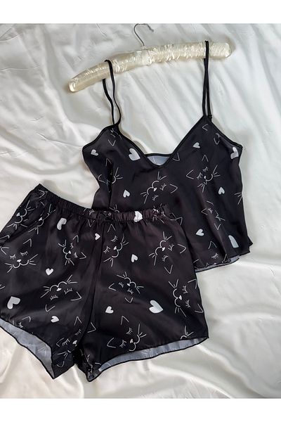 ROZENİN LINGERIE Σετ πιτζάμες σατέν με μοτίβο μαύρης γάτας με ρυθμιζόμενο λουράκι