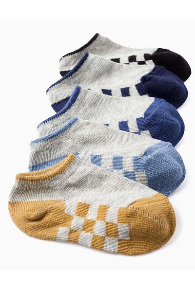 Ziddy Pack of 5 Pairs of Ankle Socks for Baby Boys 'Squares', Grey/Blue/Yellow