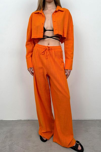 Black Fashion Orange Crop Shirt and Wide Leg Pants Set - Oversize