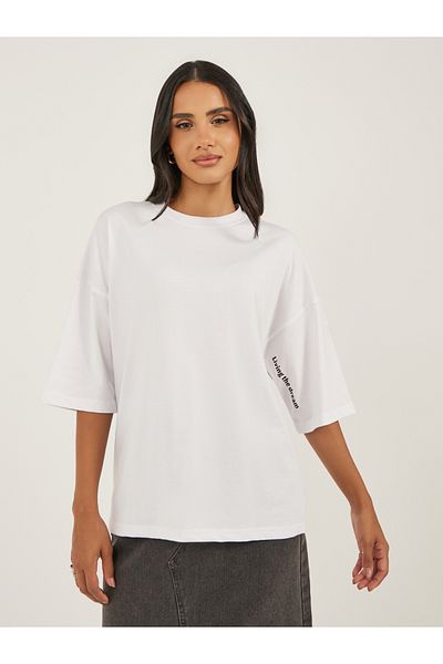 Styli Slogan Print Dropped Shoulder Oversized T-Shirt
