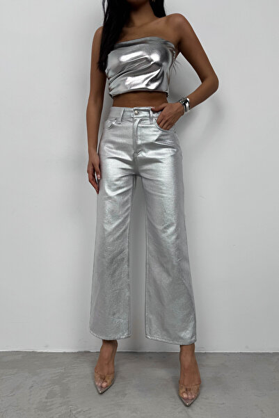 Black Fashion High Waist Metallic Silver Trousers
