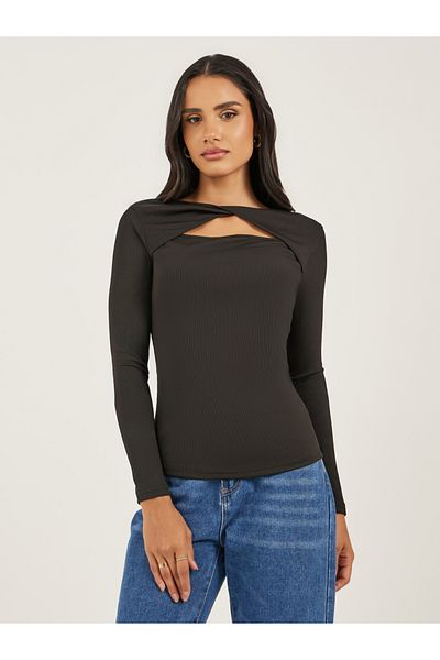 Styli Women Black Ribbed Cut Out Knit Top