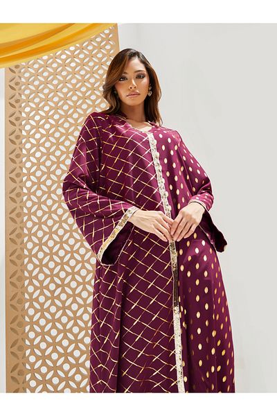 Styli Foil Printed Collared Jalabiya with Lace Detail