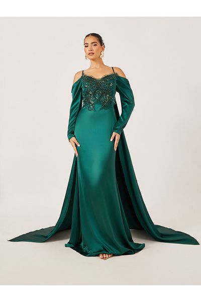 Styli Embellished Cold Shoulder Cape Sleeve A-Line Maxi Dress