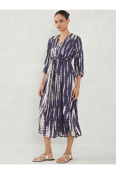 Femmella By Styli Tie and Dye Printed V Neck A-Line Midi Dress