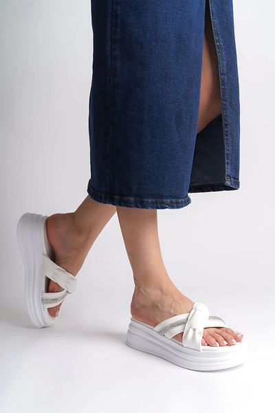 TB Terzi Bey Clara Flat Heeled Ribbon Patterned Stone Thick and Orthopedic Sole Women's Slippers Bt - White