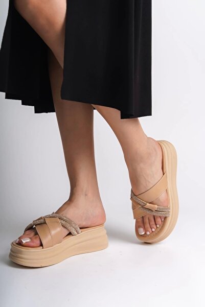 devirhesapdevri Ruby Flat Heeled Stone Cross Striped Thick and Orthopedic Sole Women's Slippers Tt - Skin